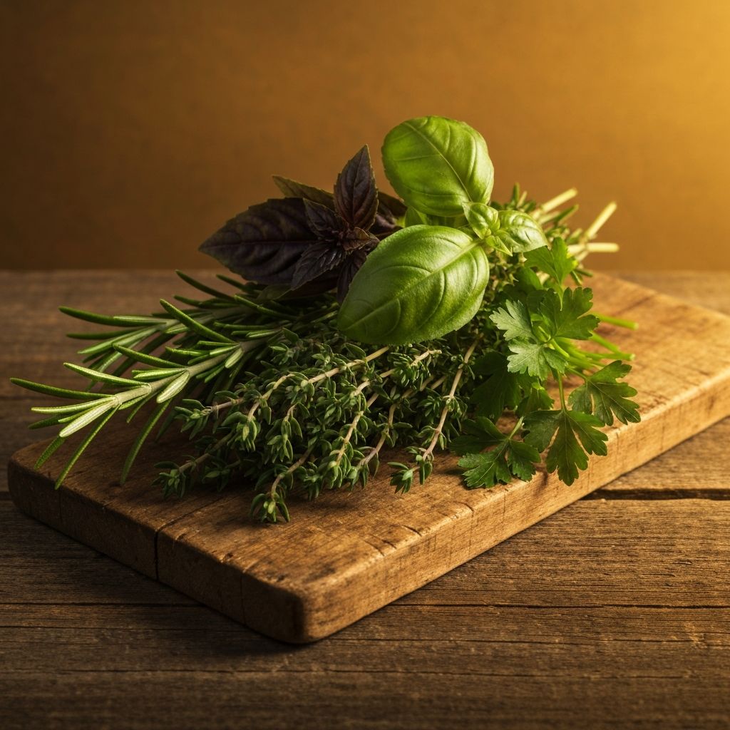 Fresh herbs including rosemary, thyme and basil on a cutting board