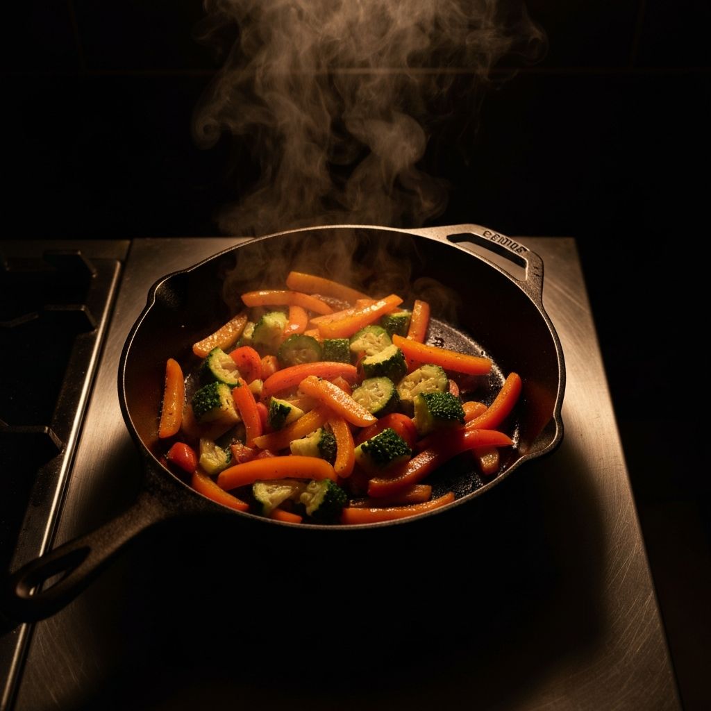 Fresh vegetables gently sauteing in a cast iron skillet