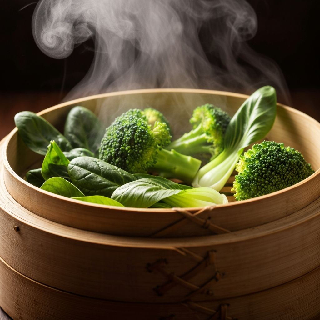 Bamboo steamer basket with fresh green vegetables