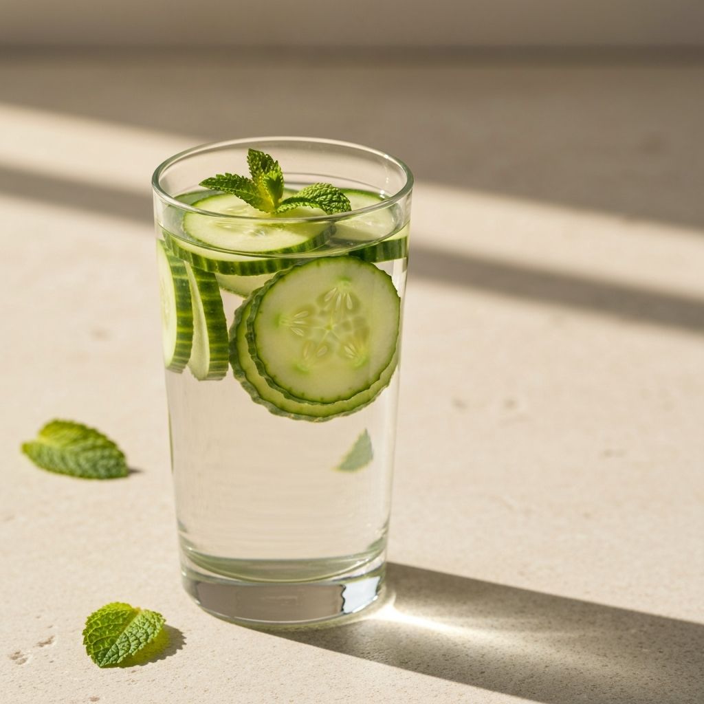 A clear glass of water with fresh cucumber and mint